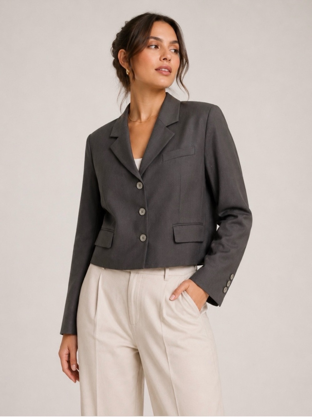 Zara Charcoal Gray Cropped Tailored Three Button Blazer XL